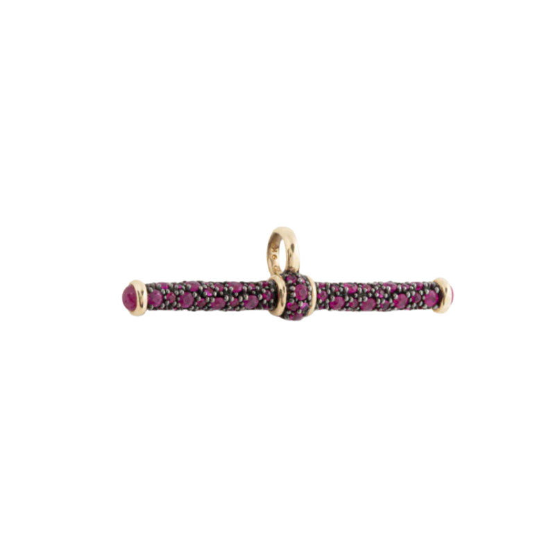 14k yellow gold ruby and black rhodium Albert t bar pendant by Lucy Delius Tiny Gods