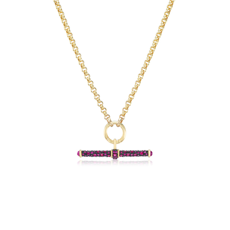 14k yellow gold ruby and black rhodium t bar pendant by Lucy Delius Tiny Gods