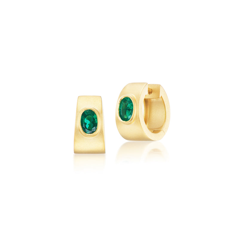 18k satin yellow gold with oval emerald huggie earrings Tiny Gods