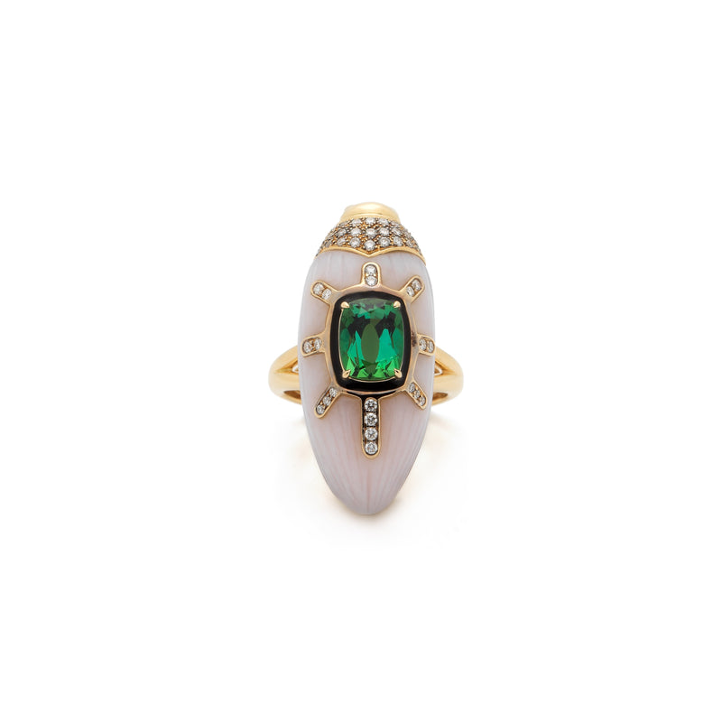 pink opal scarab and green tourmaline ring by Bibi Van Der Velden Tiny Gods