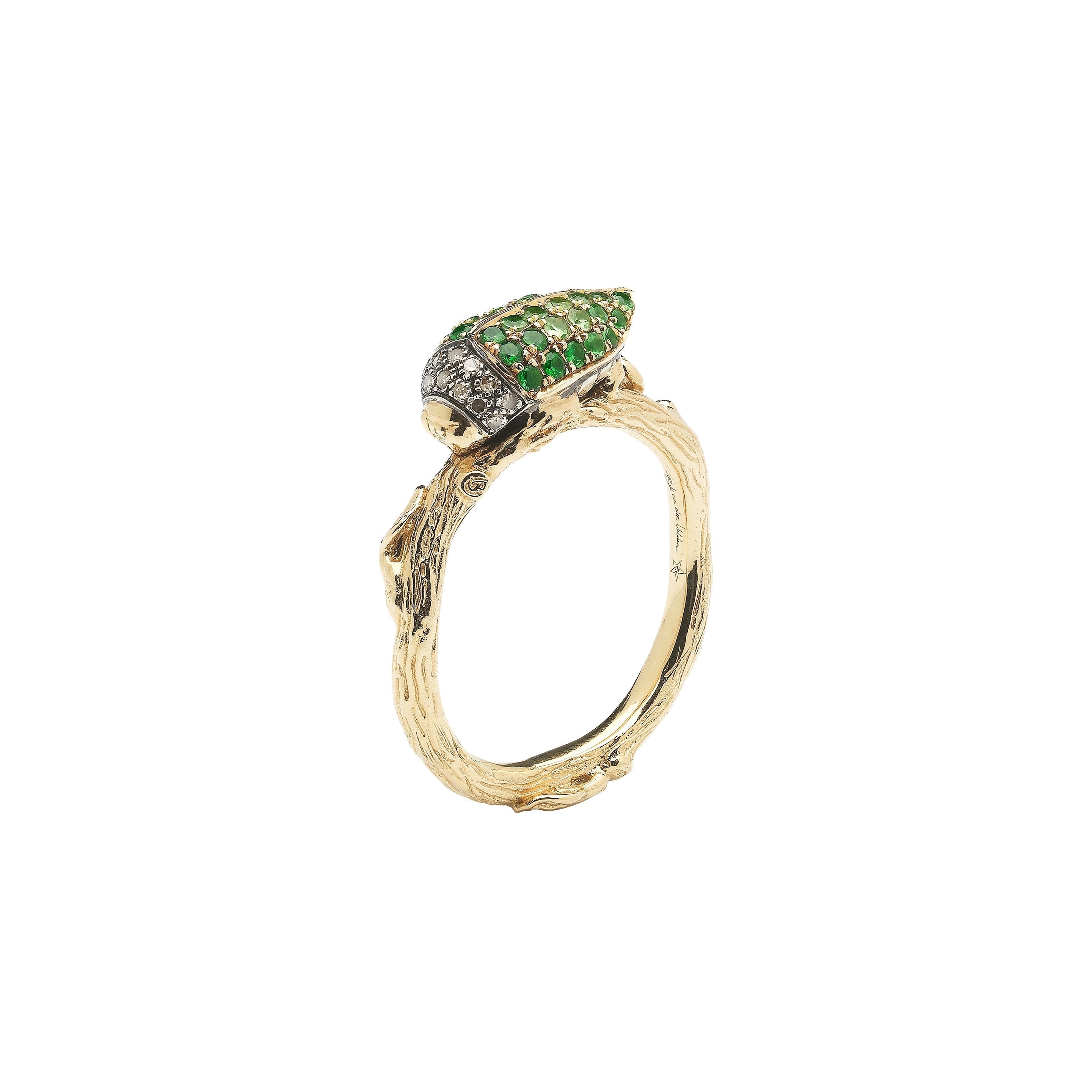 Stackable Tsavorite Scarab Ring 18k yellow gold by Bibi van der Velden at tiny gods