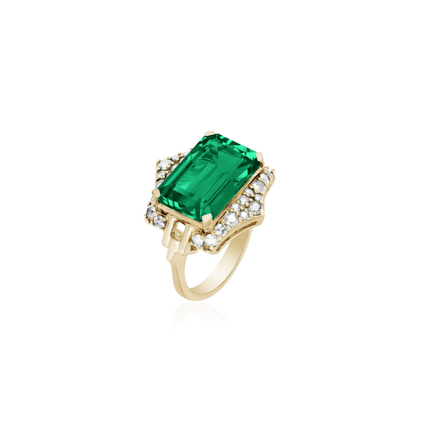 18k yellow gold east west emerald and diamond ring by Goshwara Tiny Gods