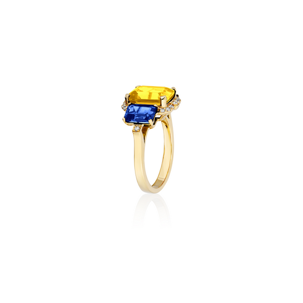 18k yellow gold side three stone emerald cut ring with citrine iolite and diamonds by Goshwara Tiny Gods