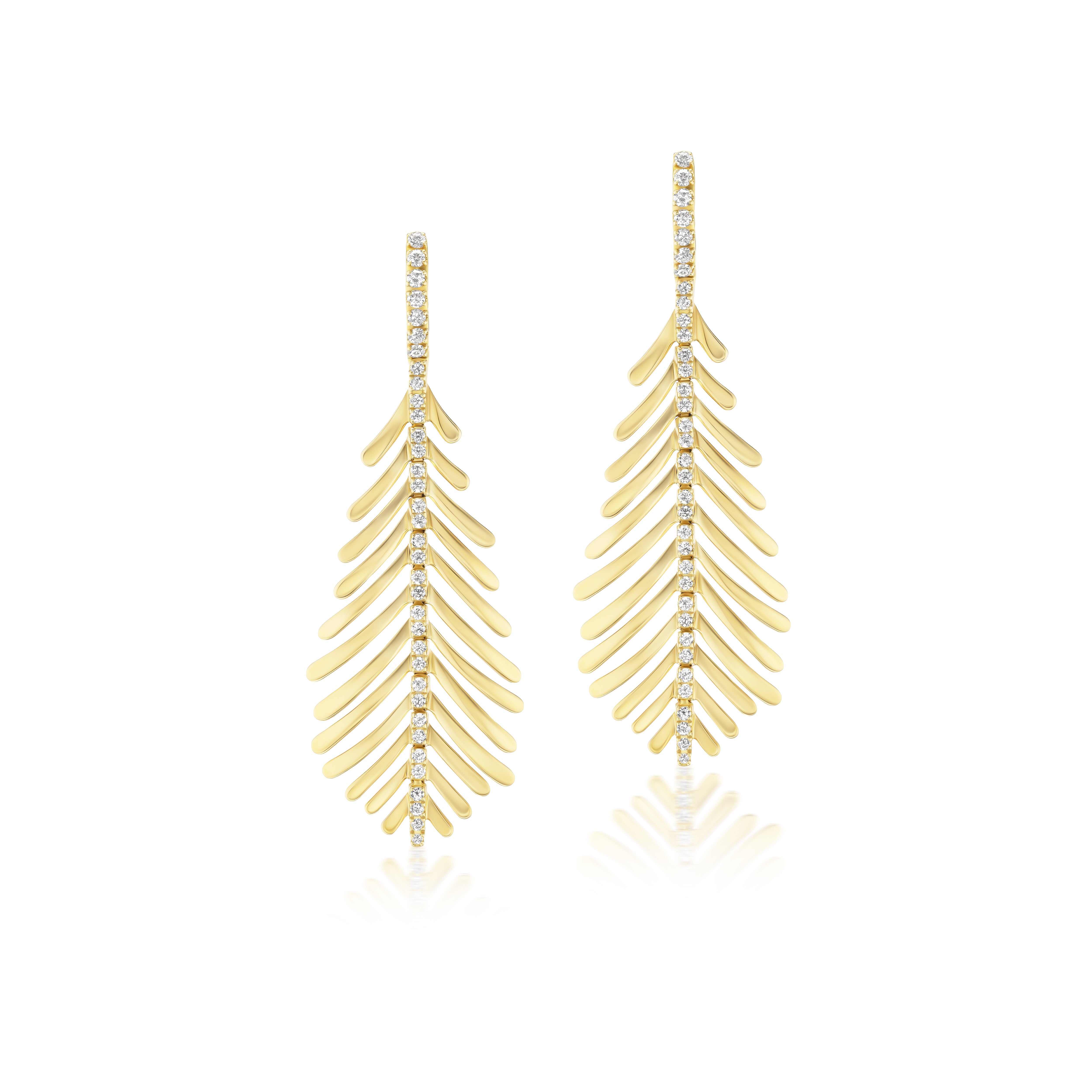 18k yellow gold Sidney barber feather plume diamond spine dangle drop earrings Tiny Gods