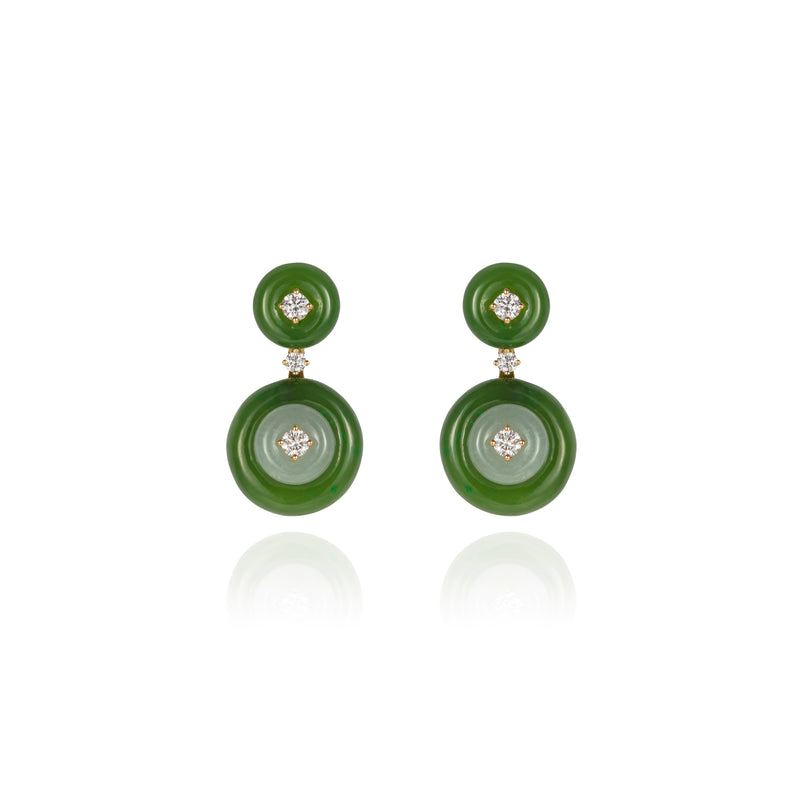 18k yellow gold small signal earrings surrounding in nephrite jade and milky aquamarine with diamonds by Fernando Jorge Tiny Gods