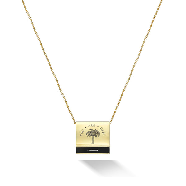 14k yellow gold classic signature onyx matchbook pendant necklace with palm tree and "you are here" by Retrouvai Tiny Gods