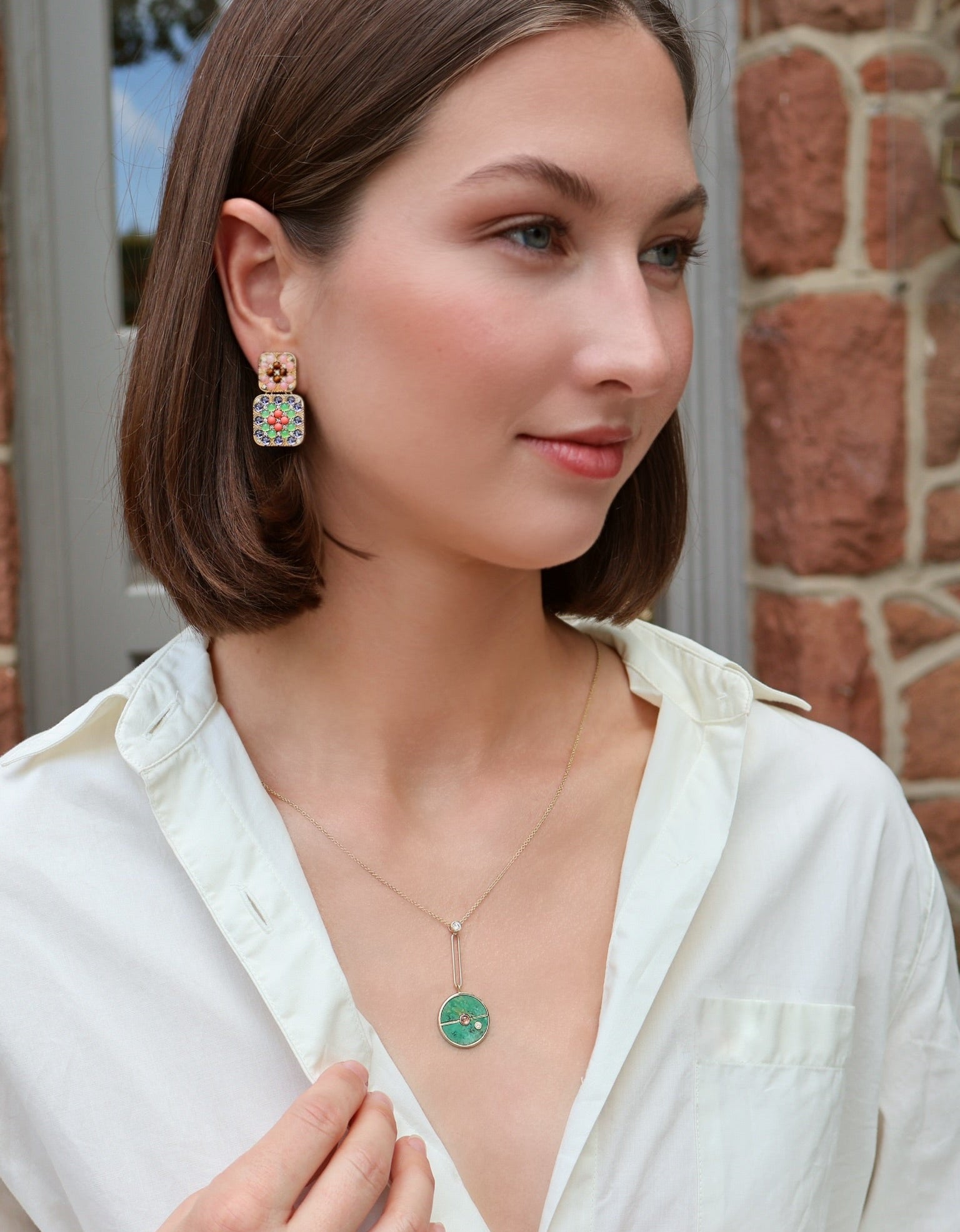 14k yellow gold lariat pendant Signature Compass Pendant - Green Turquoise and diamond and spinel by Retrouvai at Tiny Gods. 