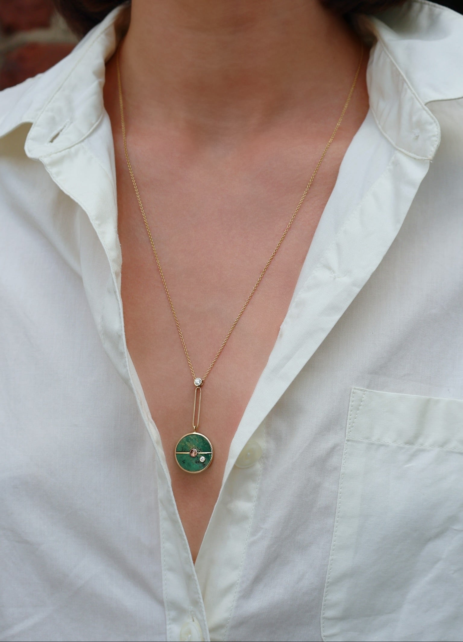 14k yellow gold lariat pendant Signature Compass Pendant - Green Turquoise and diamond and spinel by Retrouvai at Tiny Gods. 