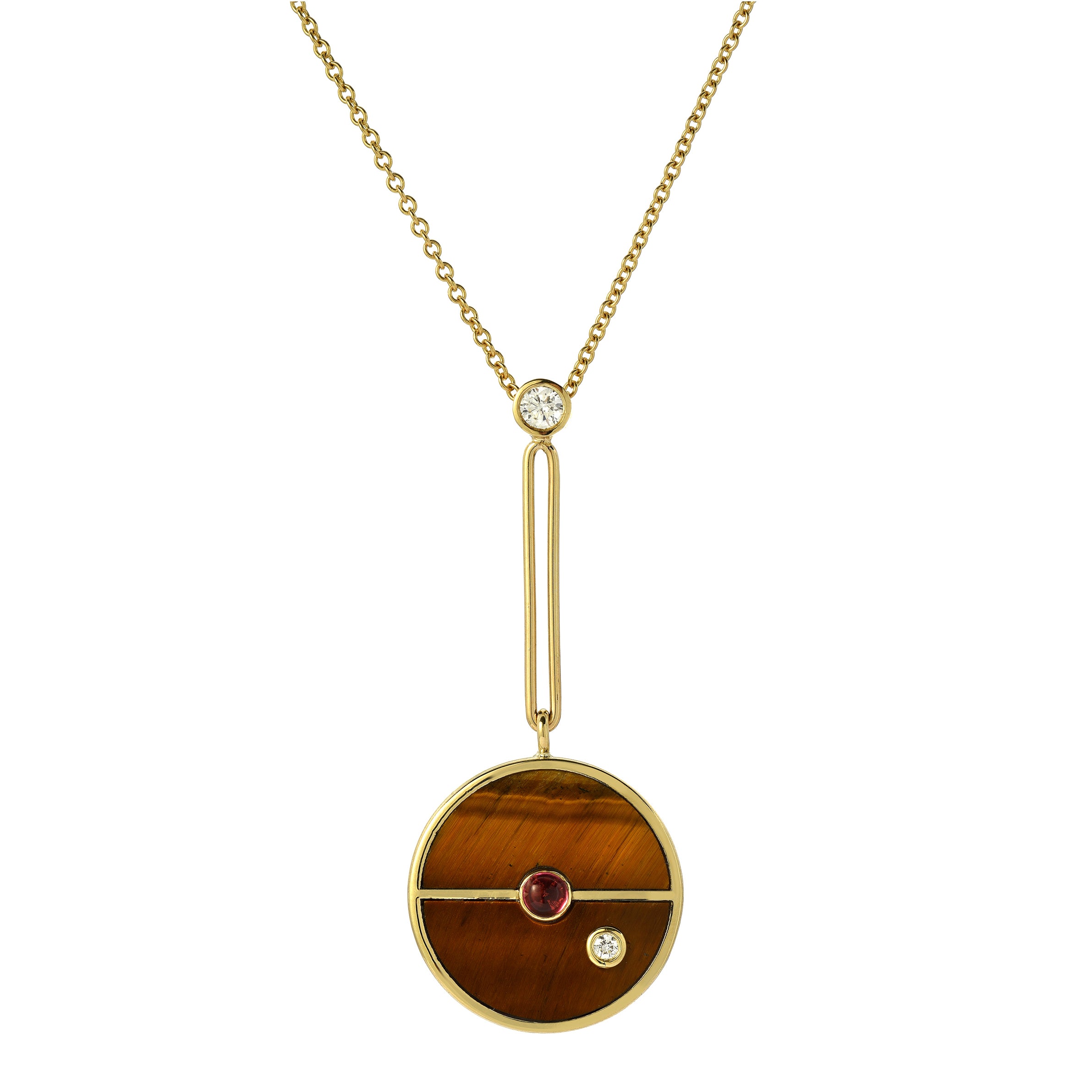 14k yellow gold lariat pendant Signature Compass Pendant - Tigers eye and diamond and pink sapphire by Retrouvai at Tiny Gods. 