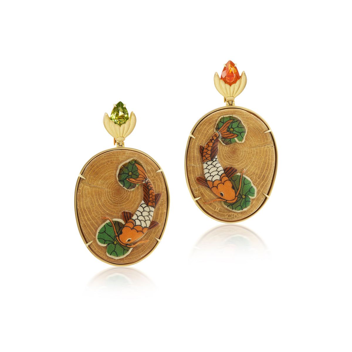 Carp Marquetry Earrings with Fire Opal and Peridot