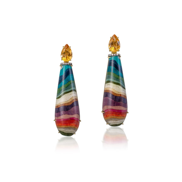 18k yellow gold and diamond and citing long format chemical rainbow multi-color marquetry earrings by Silvia Furmanovich