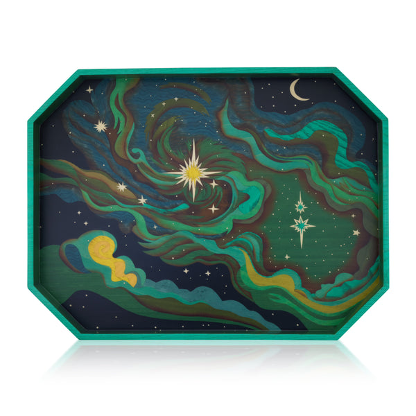 Silvia furmanovich and Wicked collaboration marquetry green Elphaba sky print tray Tiny Gods