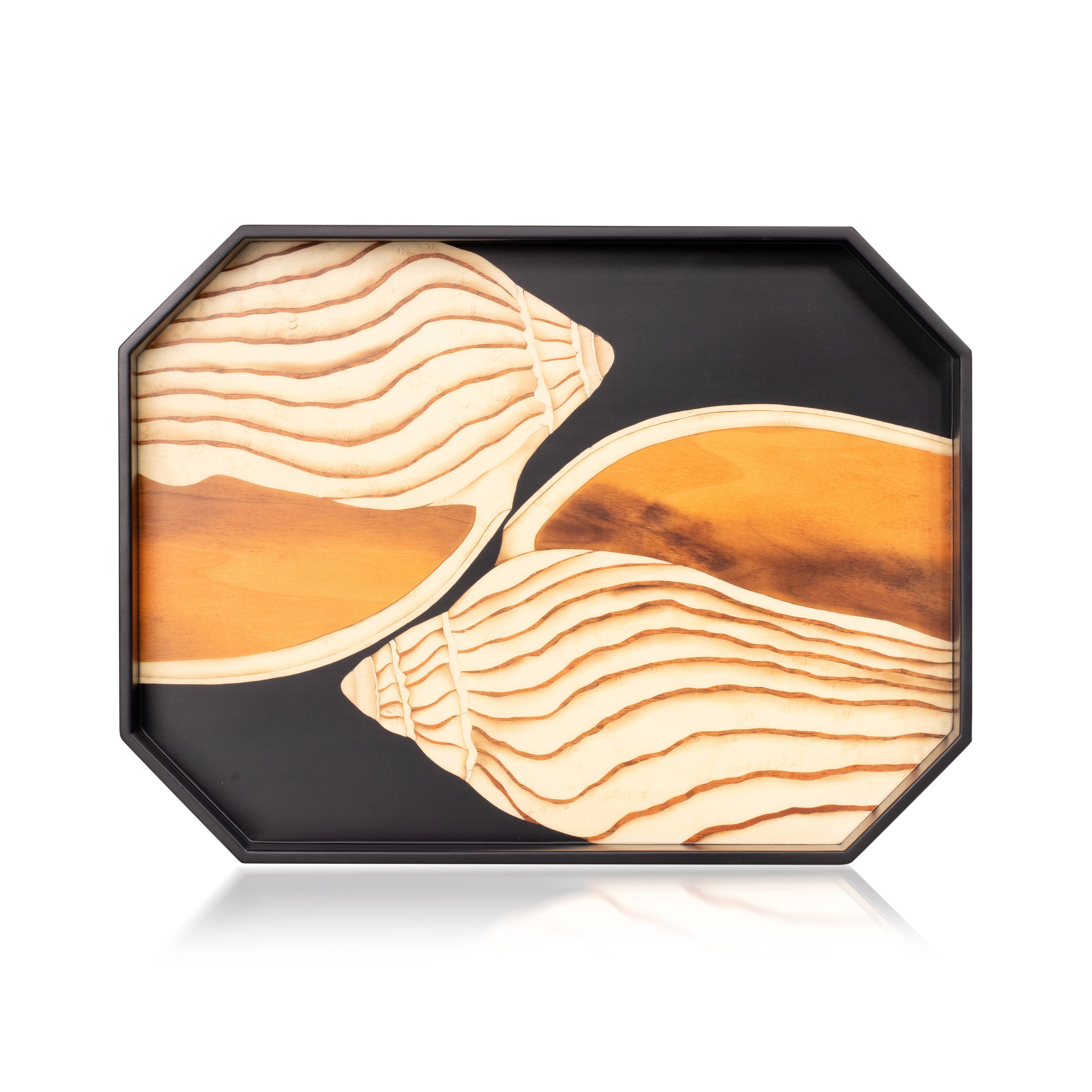 Silvia Furmanovich home collection black marquetry tray with shell motif at tiny gods