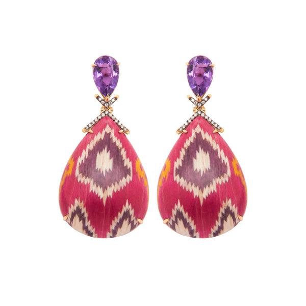 Amethyst and pink ikat marquetry teardrop earrings by Silvia Furmanovich Tiny Gods