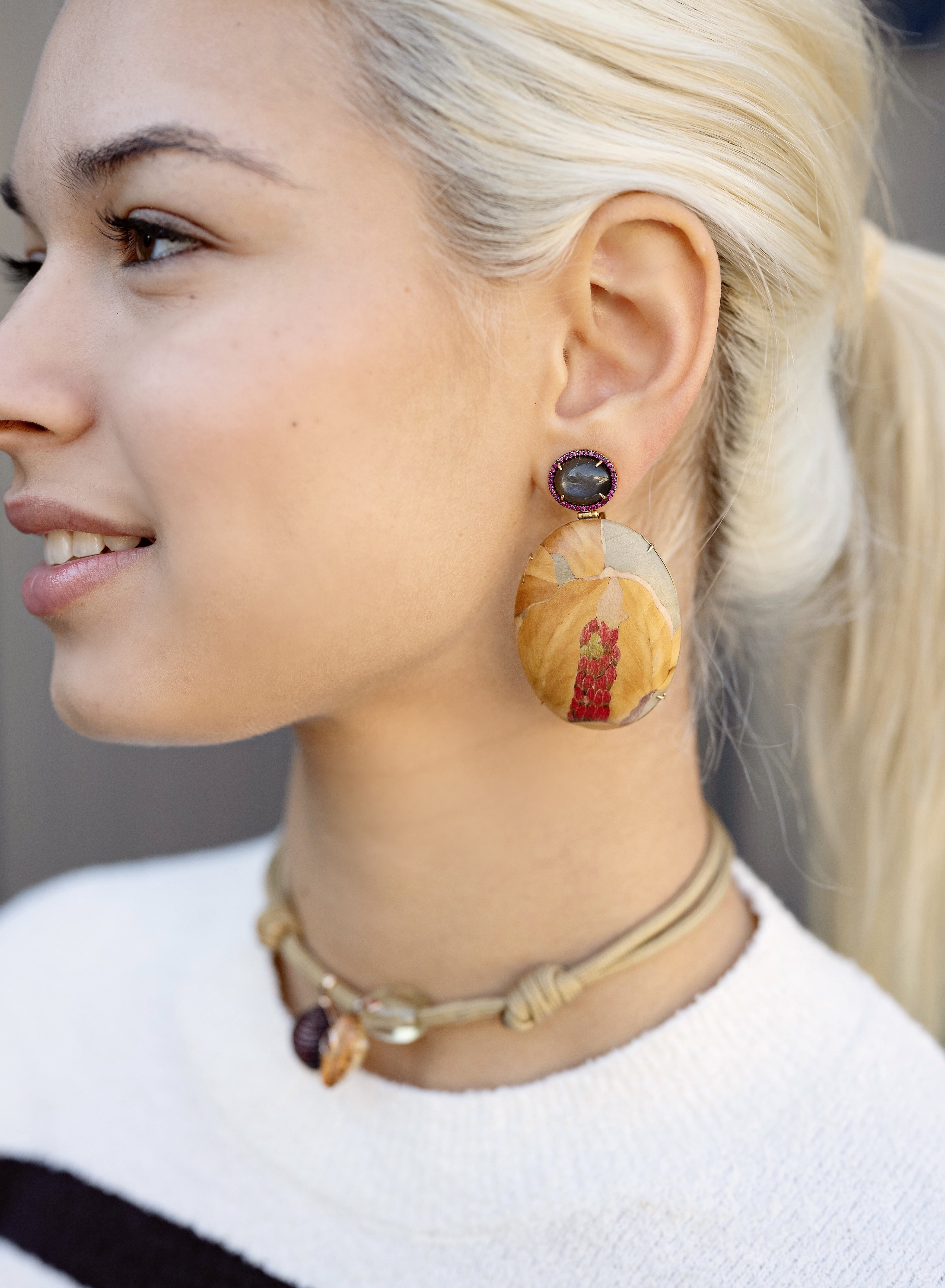 Ruby & Moonstone Oval Floral Marquetry Earrings