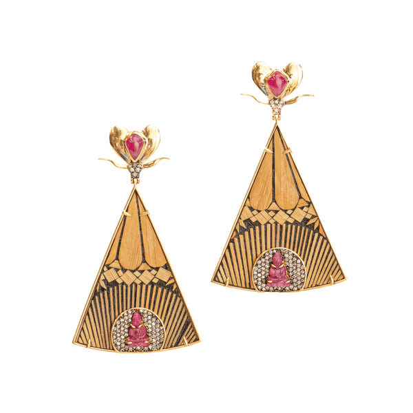 Ruby Buddha Earrings with Vintage Marquetry