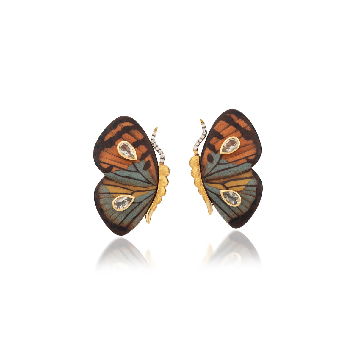 Silvia Furmanovich Tiny Gods petite small brown and blue butterfly earrings prasiolite diamond