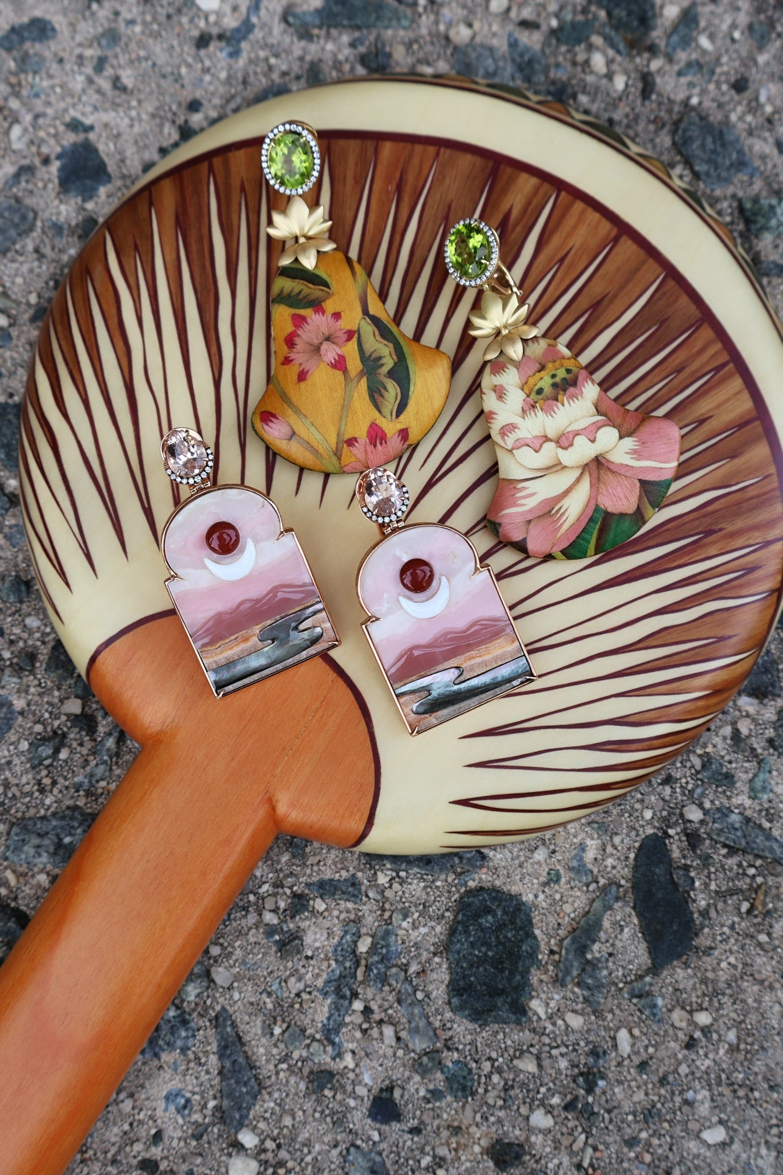 18k yellow gold window frame pink opal sky scene with mother of pearl and agate morganite diamonds with red jasper sun by Silvia furmanovich Tiny Gods 