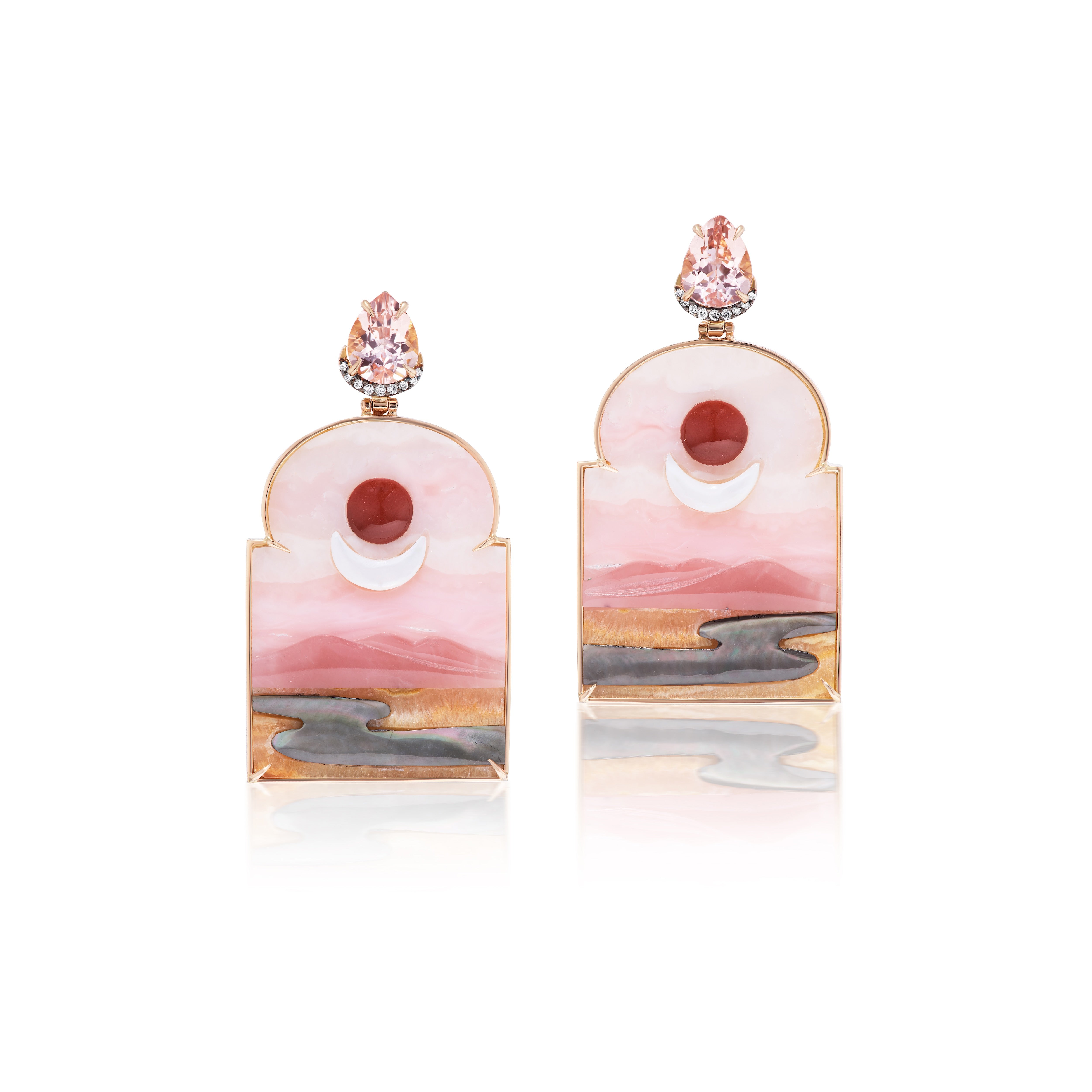 18k yellow gold window frame pink opal sky scene with mother of pearl and agate morganite diamonds with red jasper sun by Silvia furmanovich Tiny Gods 