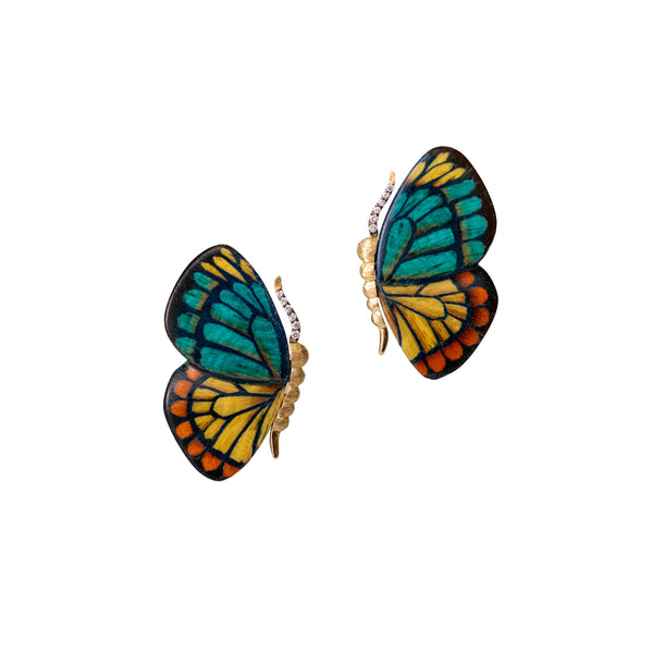 18k yellow gold Silvia Furmanovich designed this petite version of the butterfly earrings using the same marquetry technique that she is worldly known for. Turquoise, saffron, rust and dark wood accents the gold body and diamond encrusted antennas at tiny gods