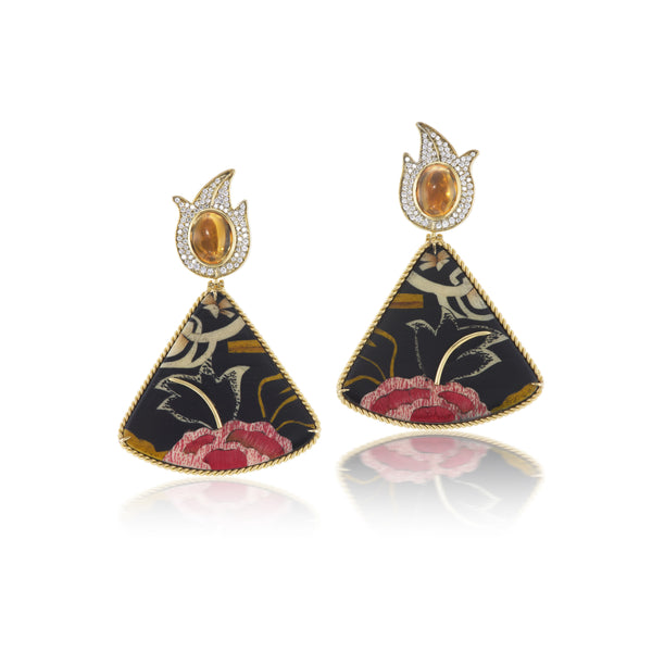 18k yellow gold diamond citrine marquetry earrings with Tibetan rose design by Silvia Furmanovich