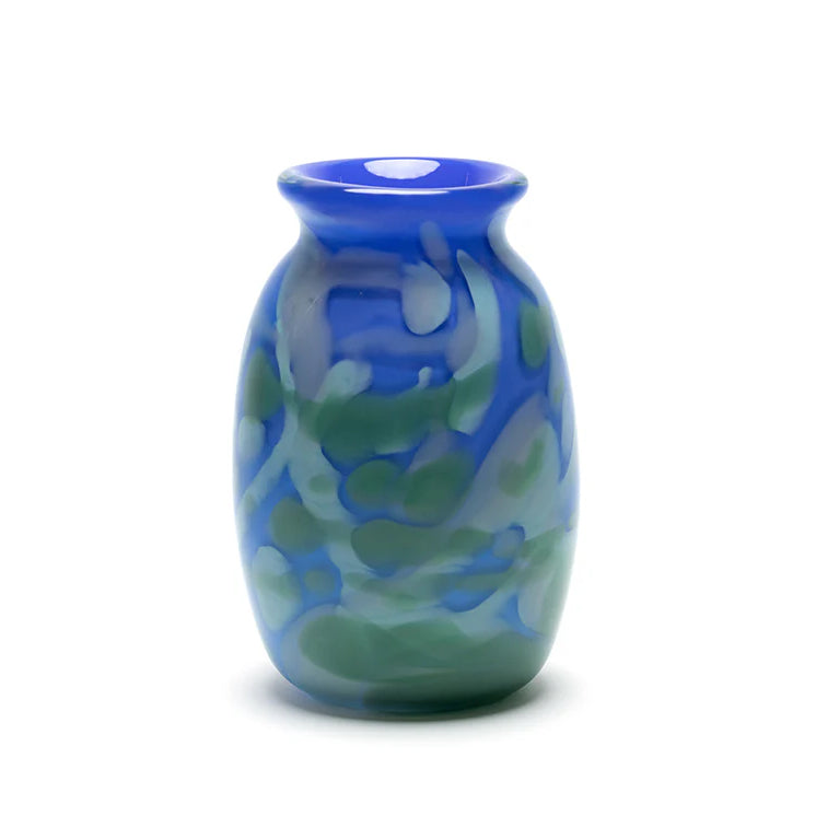 blue hand blown glass vase with grey green stripes by Paul Arnold Tiny Gods 