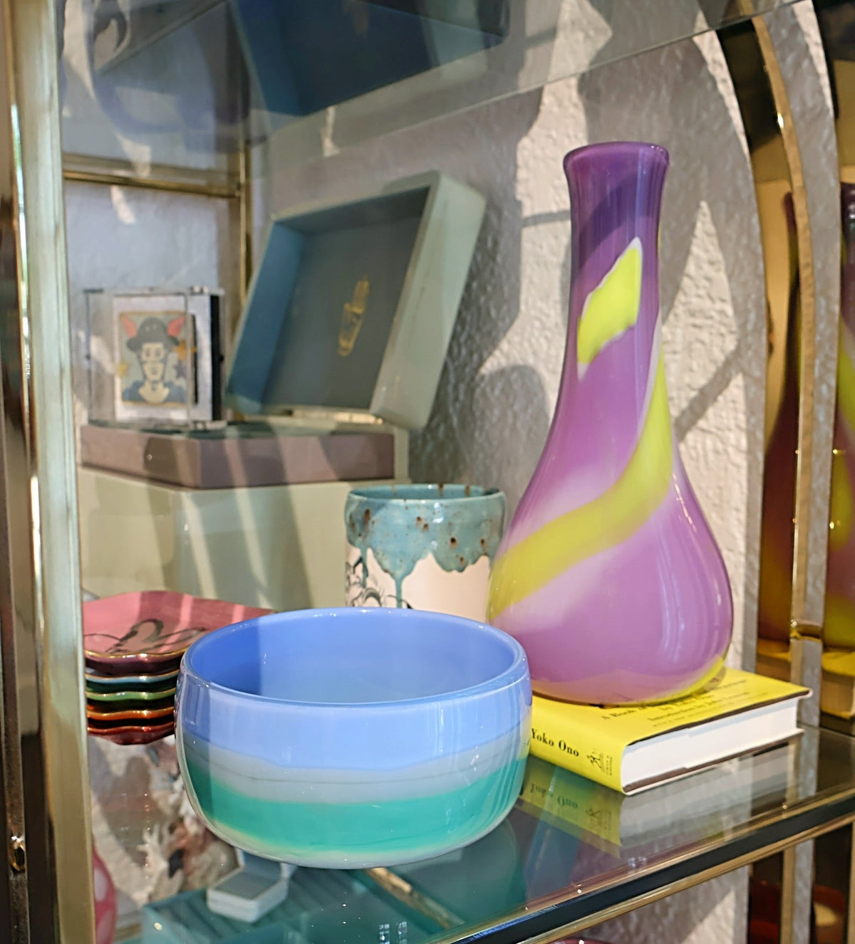 Sky blue jade green and grey stripe hand blown glass vase by Paul Arnhold Tiny Gods 