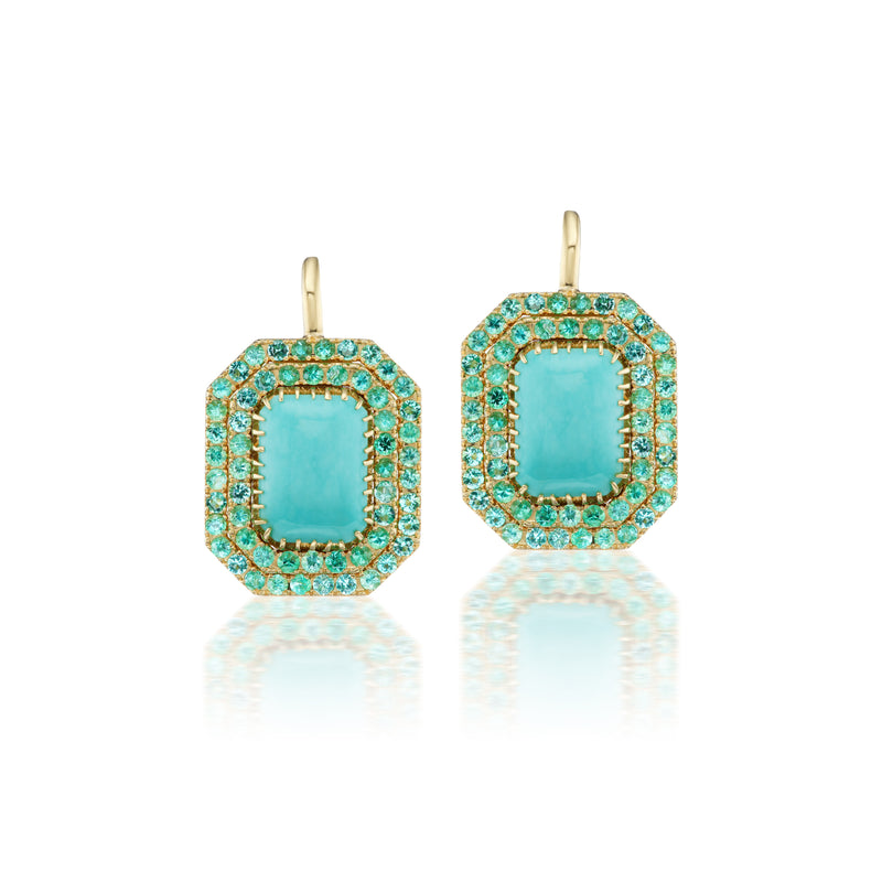 18k yellow gold turquoise and emerald frame earrings by Jenna Blake Tiny Gods