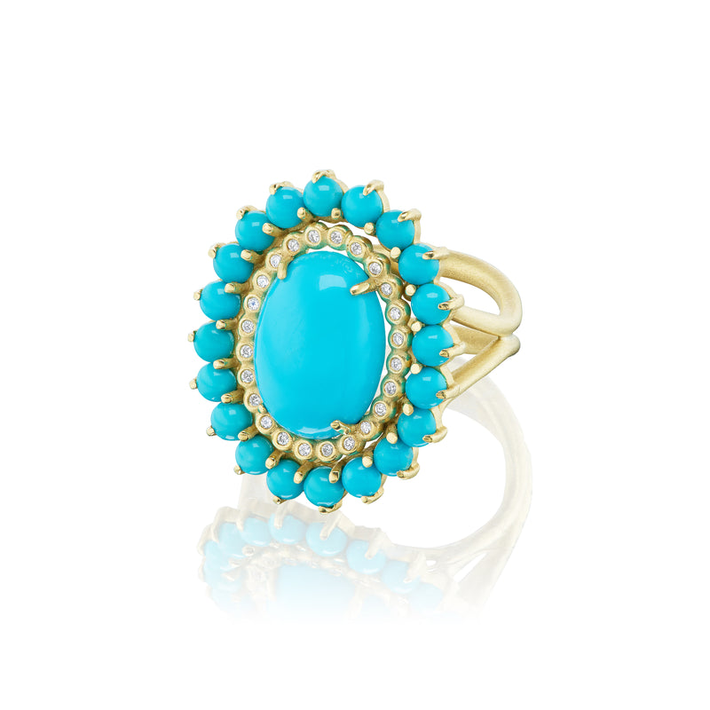 18k yellow gold Sleeping Beauty Turquoise Cabochon Ring with diamonds tiny gods