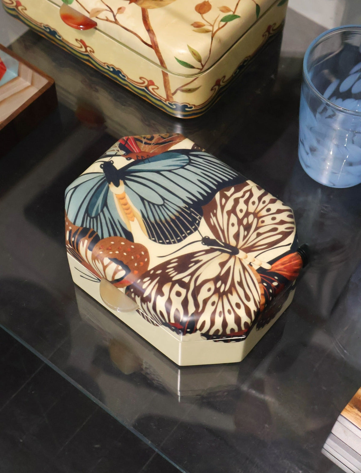 small octagonal butterfly wing pattern jewelry marquetry box by Silvia Furmanovich Tiny Gods 