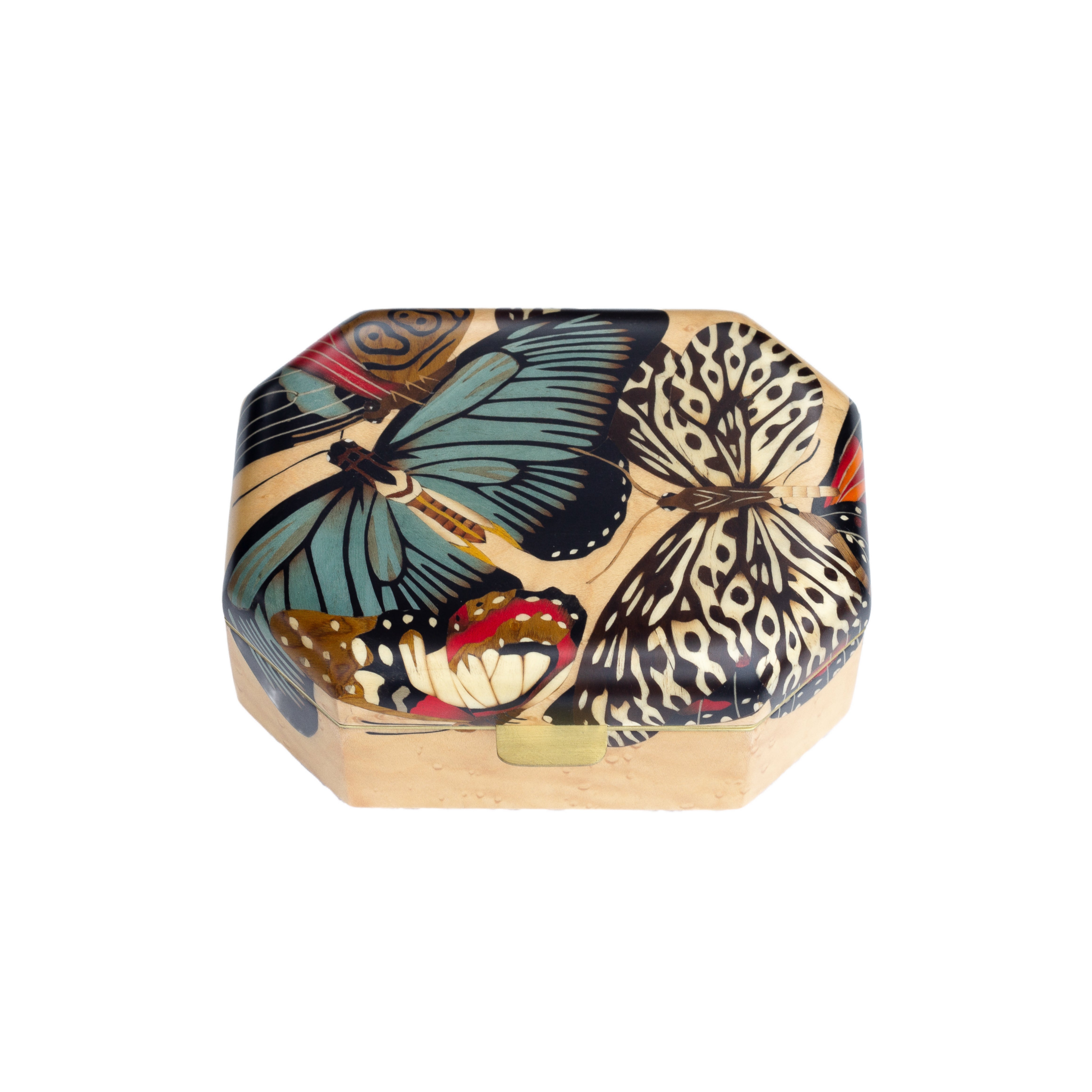 small octagonal butterfly wing pattern jewelry marquetry box by Silvia Furmanovich Tiny Gods 