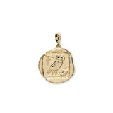 18k yellow gold owl of Athena small coin charm by Azlee Tiny Gods