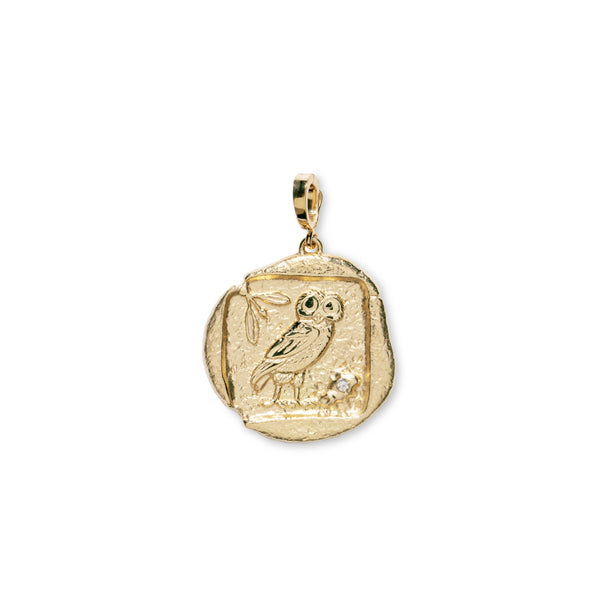 18k yellow gold owl of Athena small coin charm by Azlee Tiny Gods