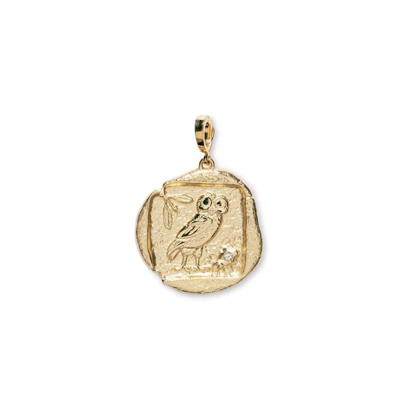 18k yellow gold owl of Athena small coin charm by Azlee Tiny Gods