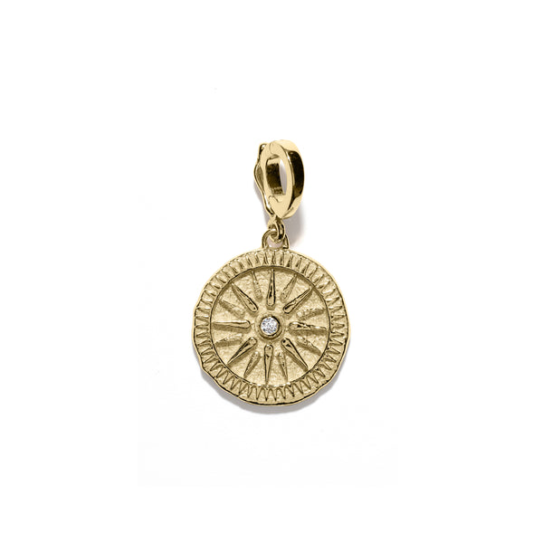 18k yellow gold small sunburst diamond coin charm pendant by Azlee Tiny Gods