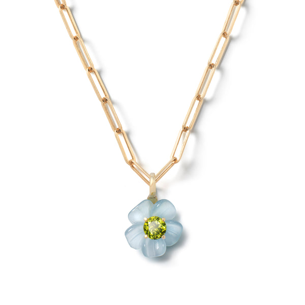 14k yellow gold small aquamarine and peridot island flower pendant by Sophie Joanne Tiny Gods