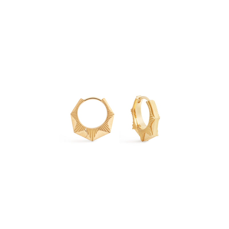 18k yellow gold small NYC hoop huggie earrings by Marie Lichtenberg Tiny Gods