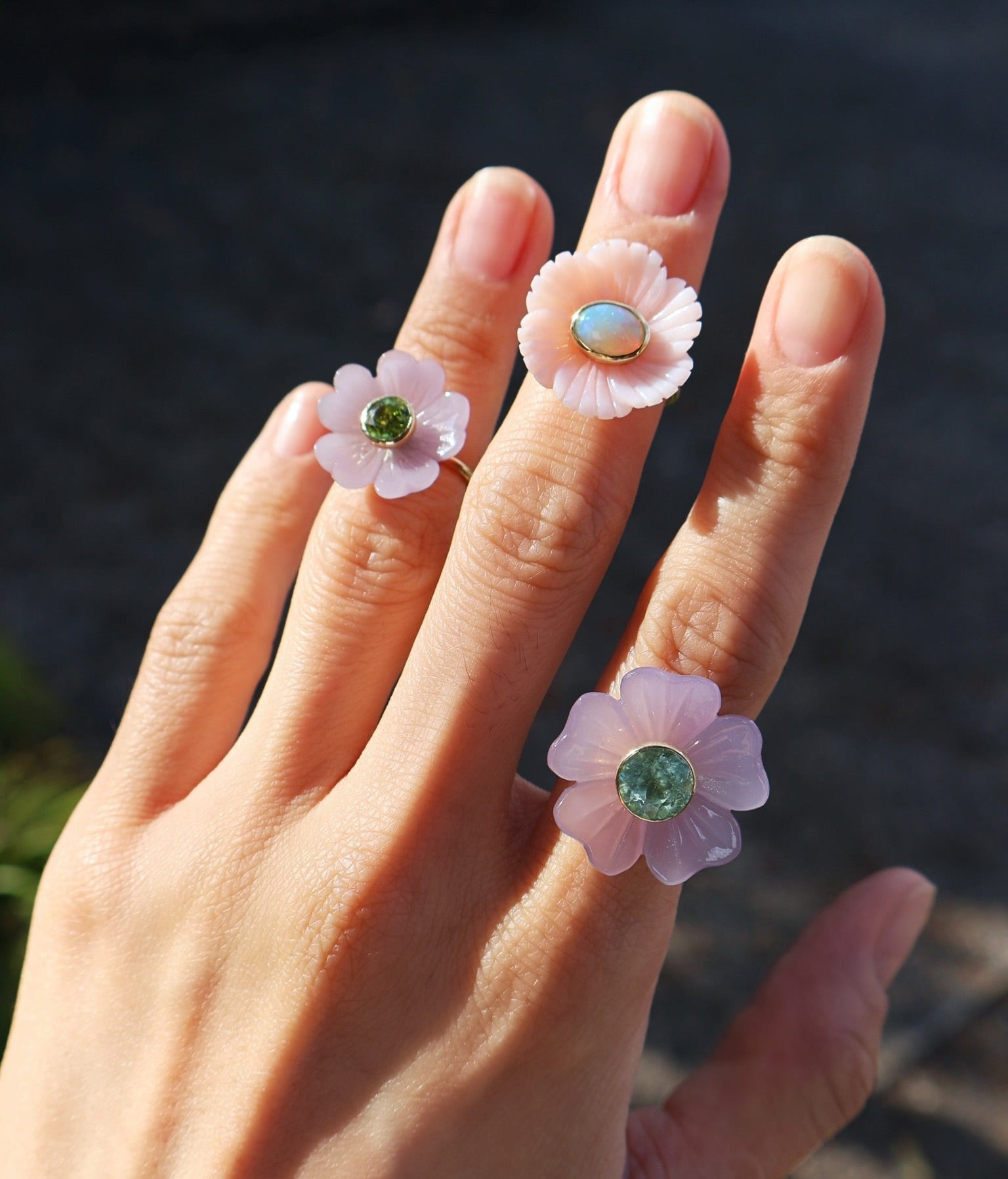 14k yellow gold small island pink opal and Ethiopian opal carved flower ring by Sophie Joanne Tiny Gods