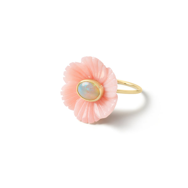 14k yellow gold small island pink opal and Ethiopian opal carved flower ring by Sophie Joanne Tiny Gods