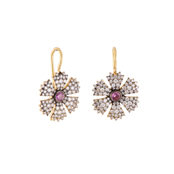 18k yellow gold small diamond flower earrings with pink sapphire by Sylva & Cie Tiny Gods