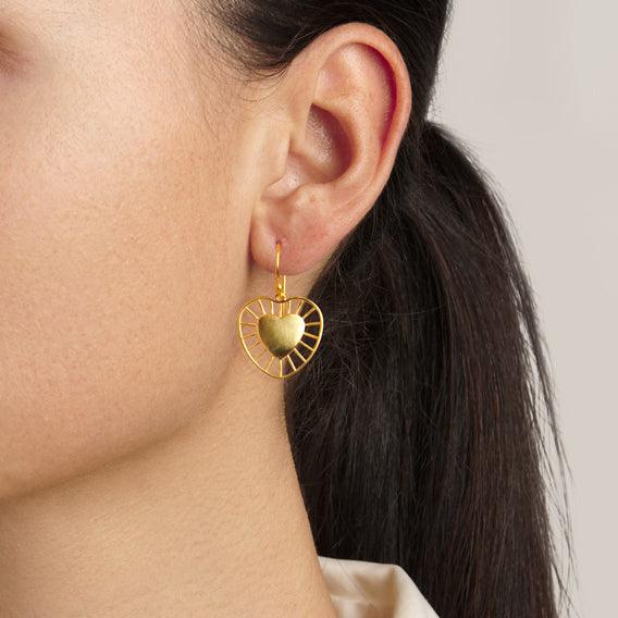 18k yellow gold radial heart earrings small on French wire by Christina Alexiou Tiny Gods