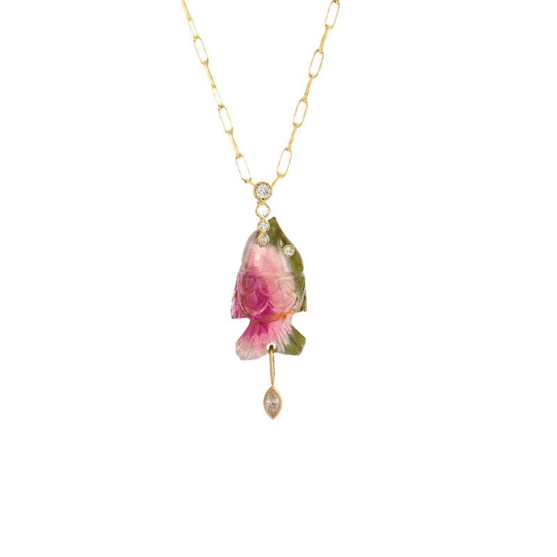 small diamond pink and green tourmaline fish pendant charm by Violette Joaillerie Tiny Gods