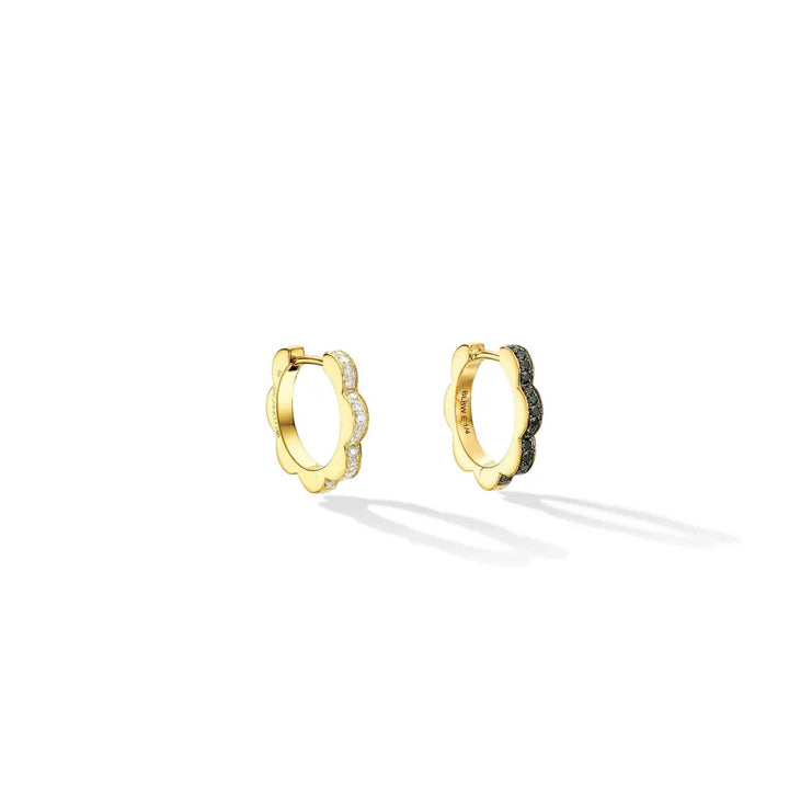 18k yellow gold small bloom triplet hoop white diamond black diamond hoop earring by Cadar Tiny Gods