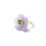 14k yellow gold small yttrium fluorite purple carved flower ring with peridot by Sophie Joanne Tiny Gods