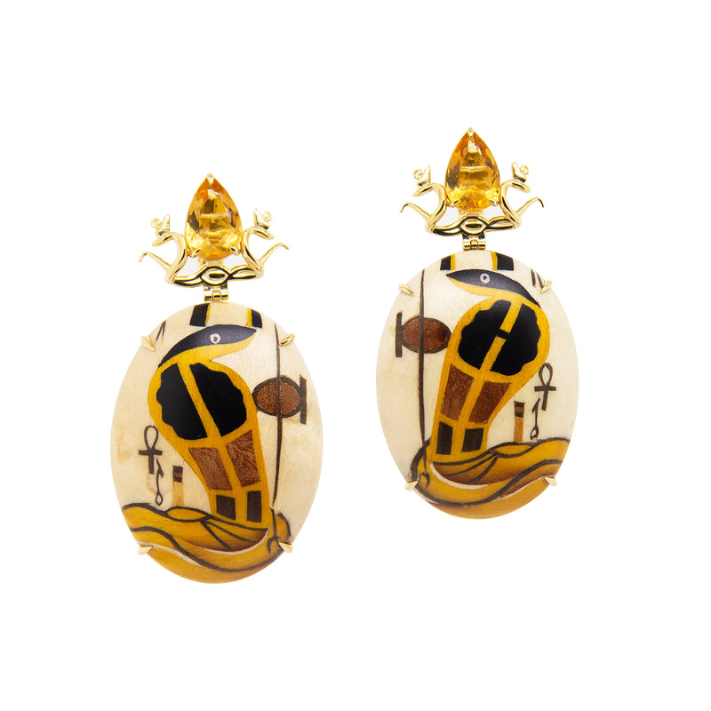 18k yellow gold pear cut citrine Egyptian earrings with cobra snakes by Silvia Furmanovich Tiny Gods