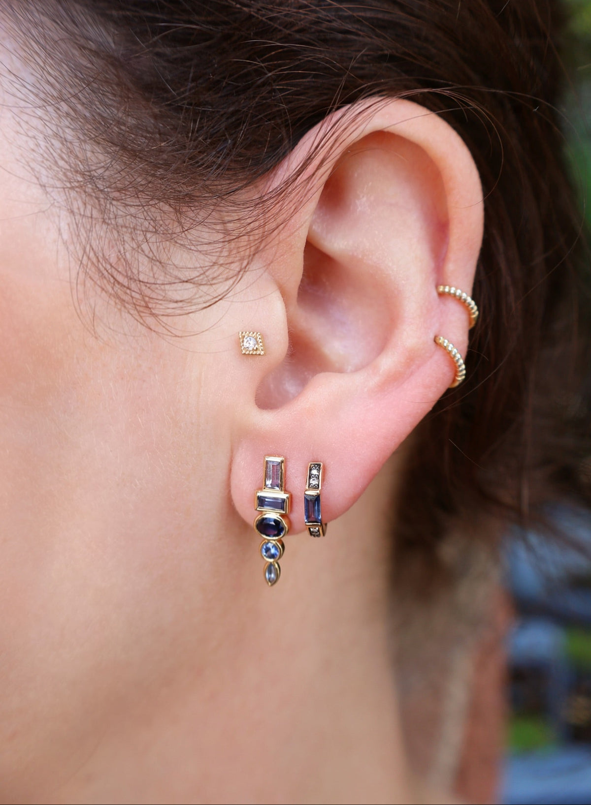 18k yellow gold multi shape blue sapphire monroe totem studs by Sorellina Tiny Gods 