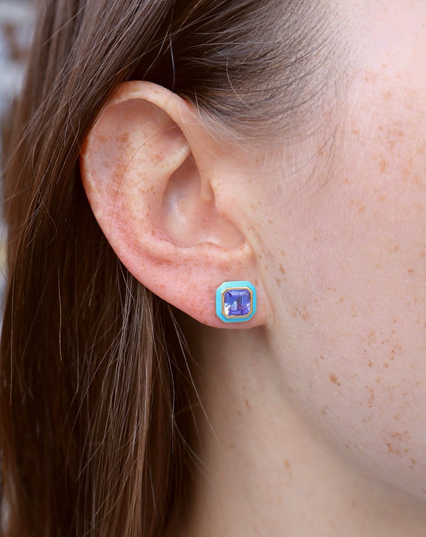 18k yellow gold blue enamel tanzanite square earring studs by Goshwara Tiny Gods