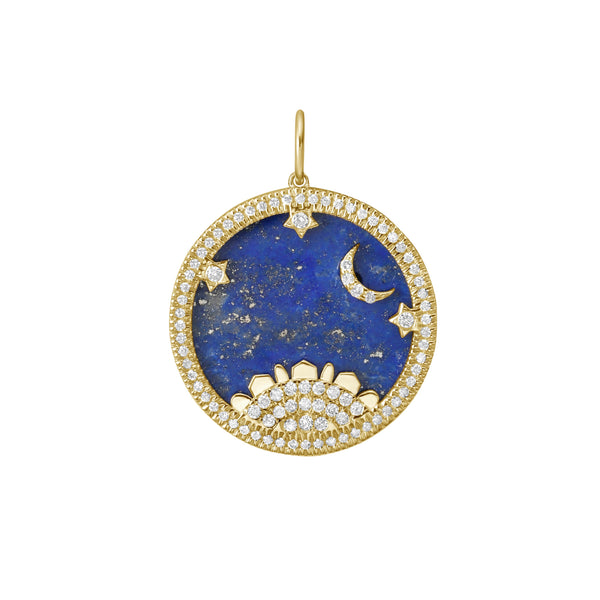 14k yellow gold starry night mountain medallion with lapis lazuli and diamonds by Lionheart Tiny Gods