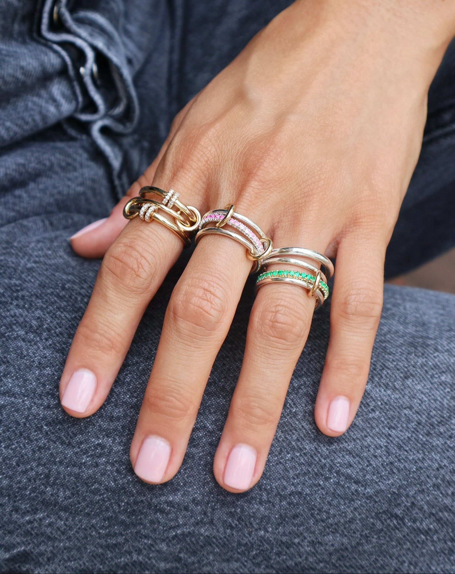 Sterling silver pink ombre 18k yellow gold 3 linked ring tigris sg pink ombre ring spinelli kilcollin tiny gods 