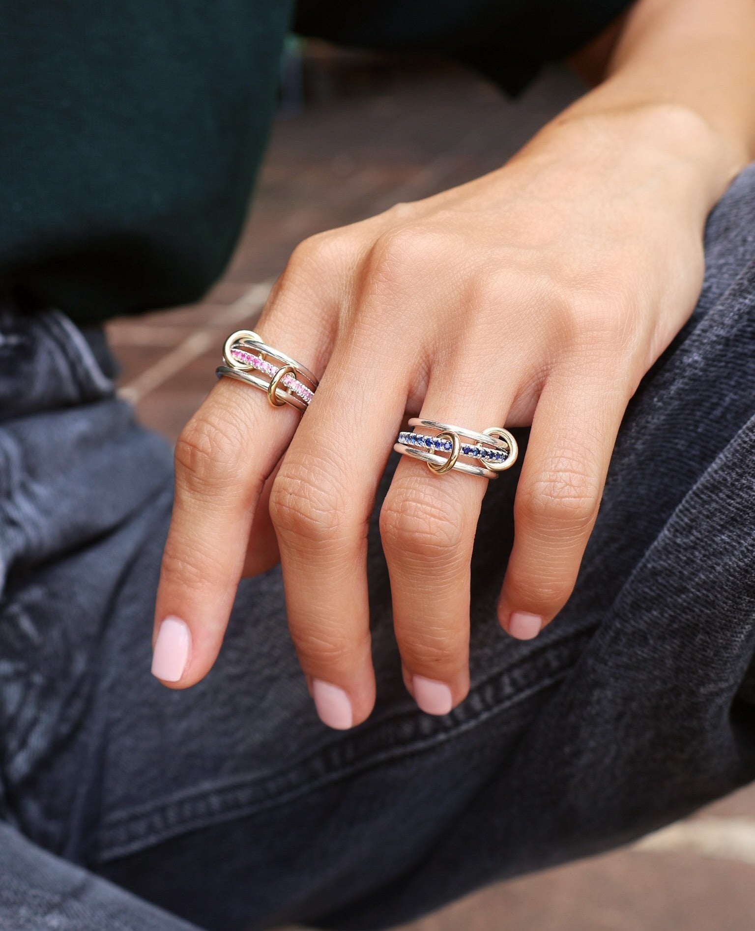 Sterling silver pink ombre 18k yellow gold 3 linked ring tigris sg pink ombre ring spinelli kilcollin tiny gods 